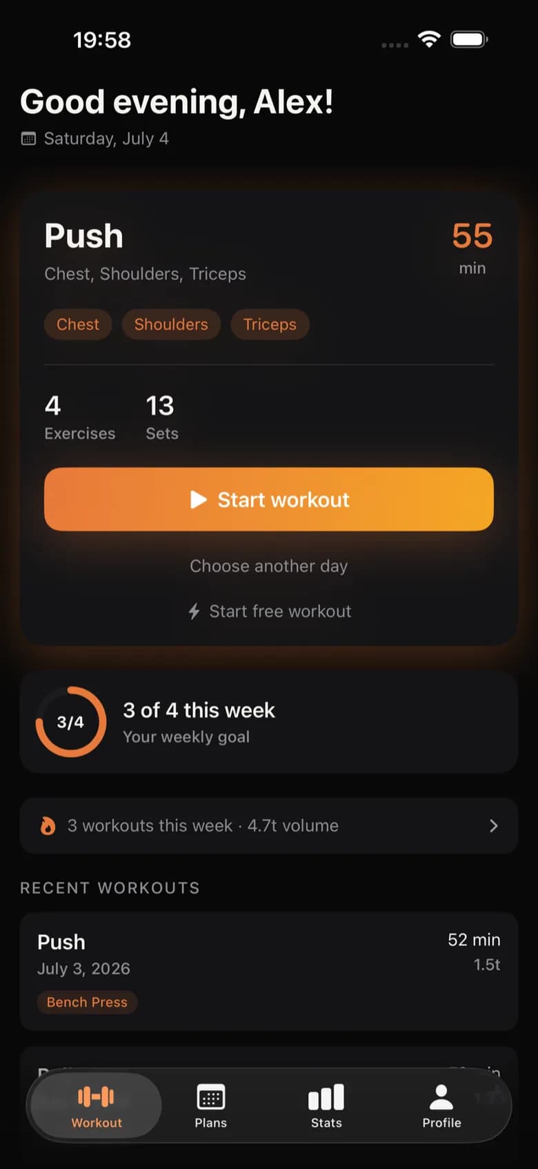 Repp on iPhone: today's workout ready to go with plan and training history