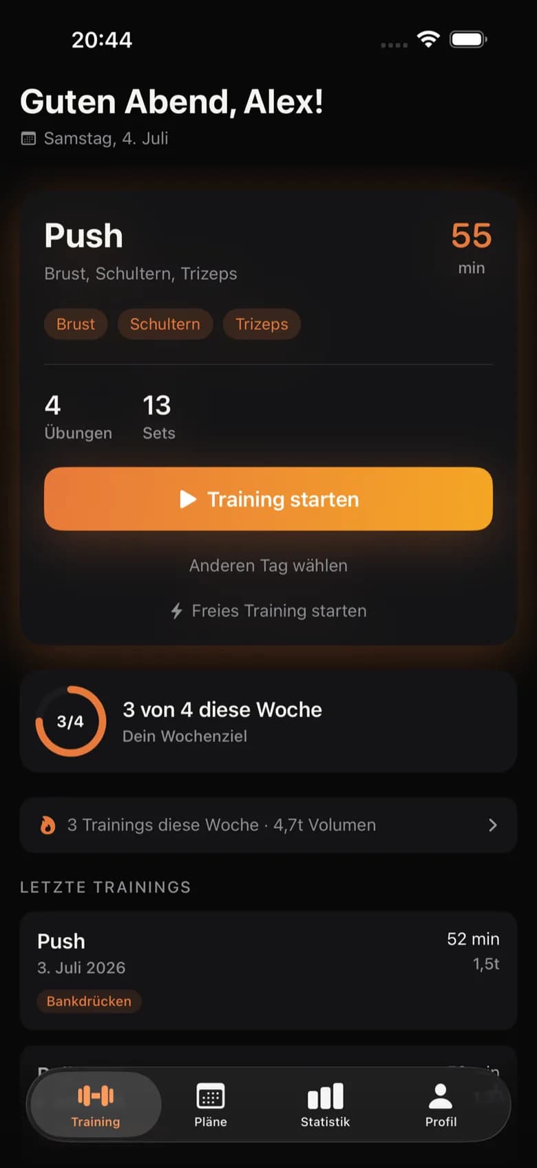 Repp auf dem iPhone: das heutige Training startklar mit Plan und Trainingsverlauf