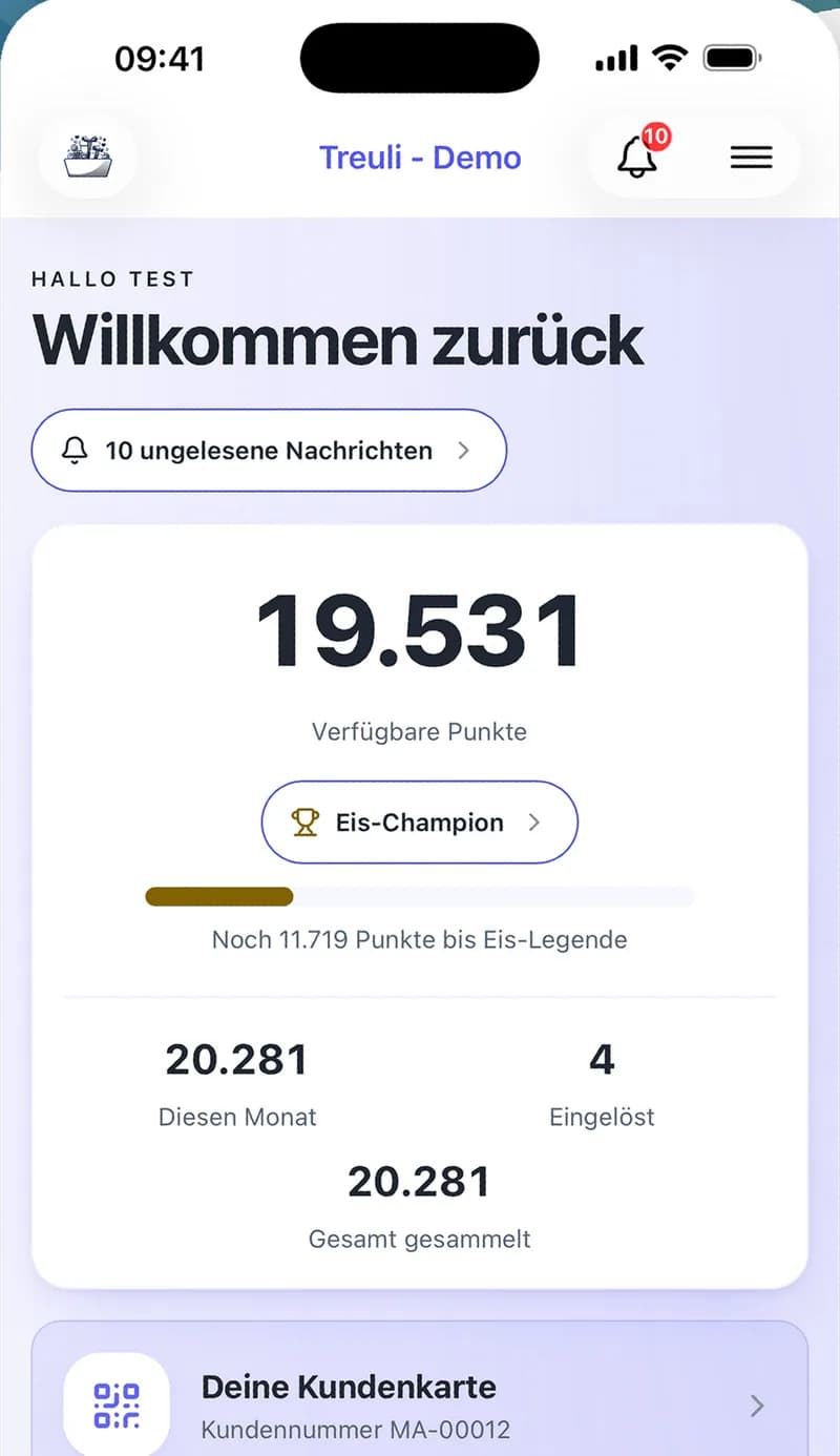 Treuli Kunden-App mit Punktestand, Rang, ungelesenen Nachrichten und digitaler Kundenkarte in einer Demo-Ansicht