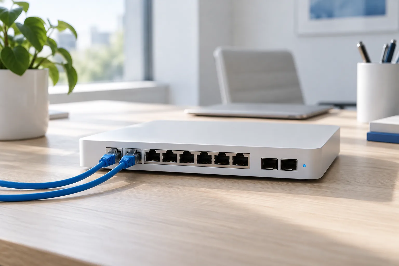 Illustration eines weißen UniFi-Switches mit blauen Netzwerkkabeln auf einem Schreibtisch im Büro