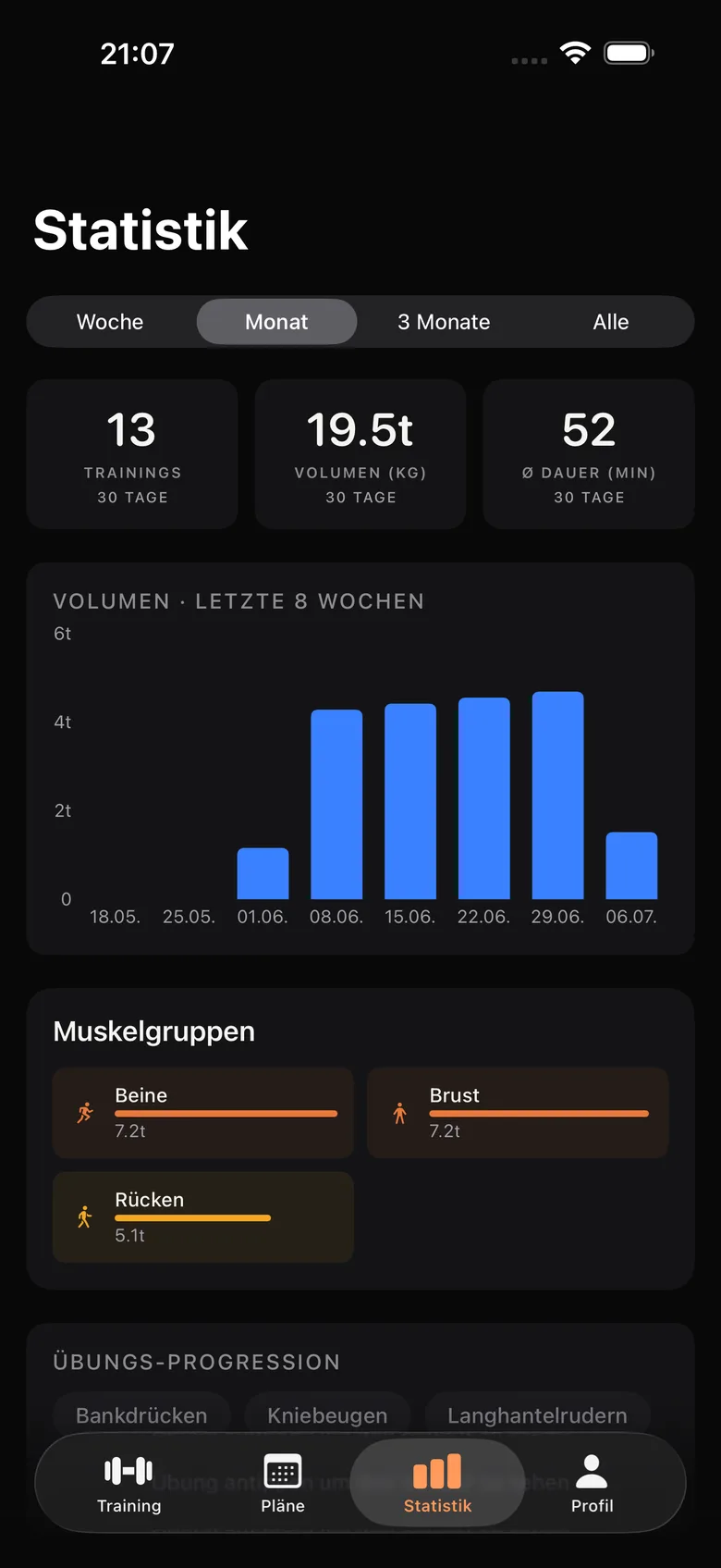 Statistik · Trainingsvolumen und Verlauf